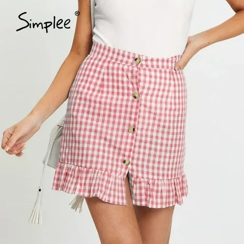 Simplee Casual Plaid Mermaid Mini Skirt Elegant Ruffled Button Summer