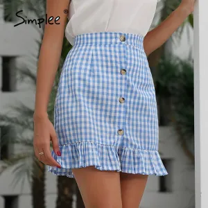 Simplee Casual Plaid Mermaid Mini Skirt Elegant Ruffled Button Summer
