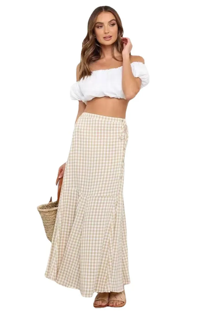 Spring Summer Office Stitching Clinch Mid Waist Classic Plaid Half-Length Large Swing Skirt
