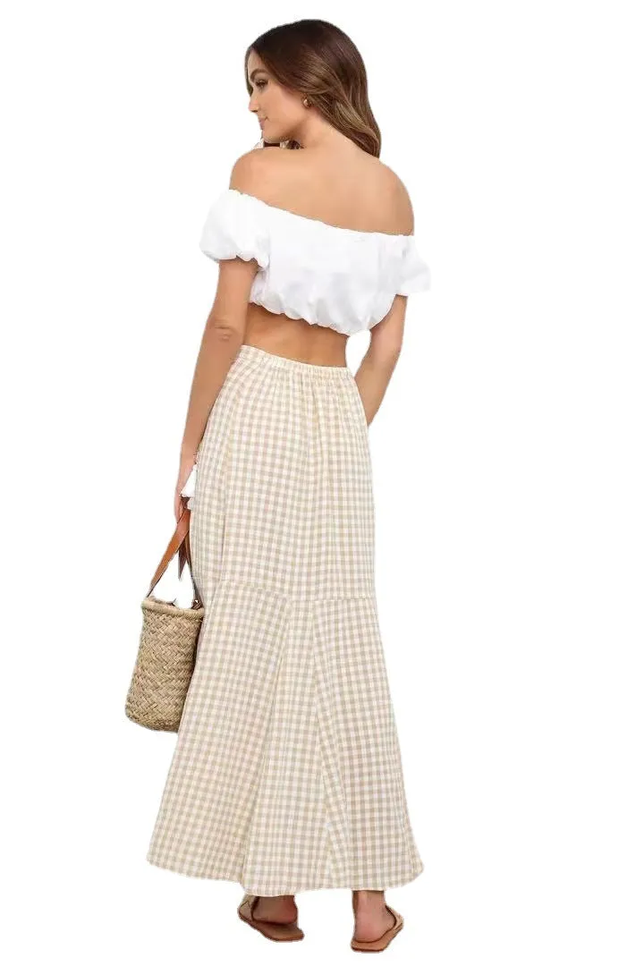 Spring Summer Office Stitching Clinch Mid Waist Classic Plaid Half-Length Large Swing Skirt