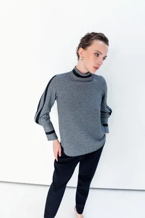 Stand Collar Striped Blouse Gray