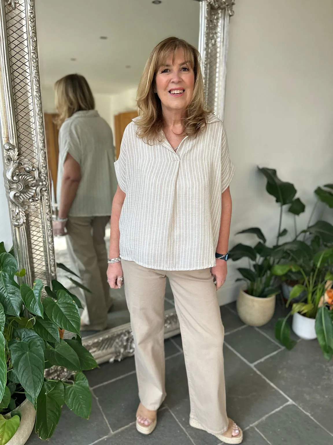 Stone Short Sleeve Striped Blouse Carly