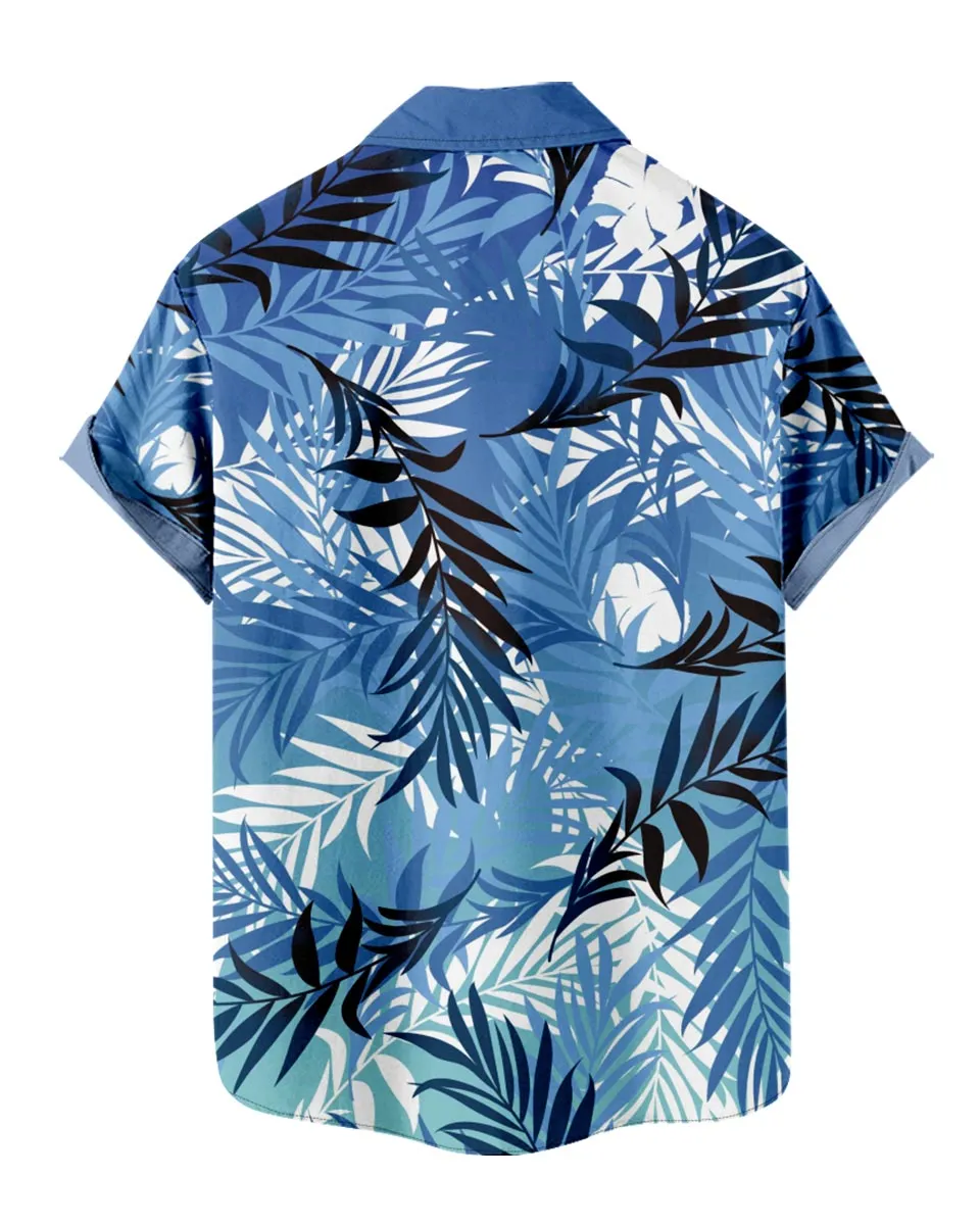 Stylish Blue Male Hawaiian Shirt with Tropical Leaf Pattern