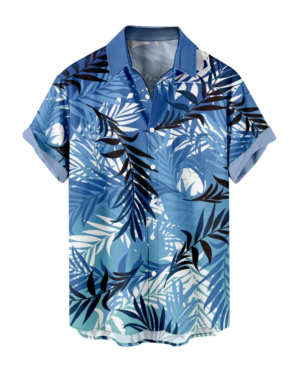 Stylish Blue Male Hawaiian Shirt with Tropical Leaf Pattern