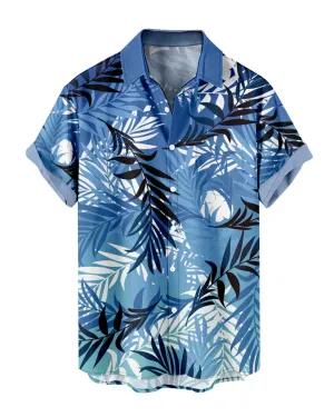 Stylish Blue Male Hawaiian Shirt with Tropical Leaf Pattern