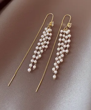 Stylish White Sterling Silver Alloy Pearl Tassel Drop Earrings
