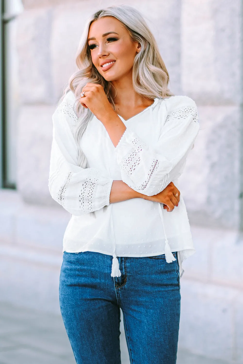 Swiss Dot Tassel Tie Blouse