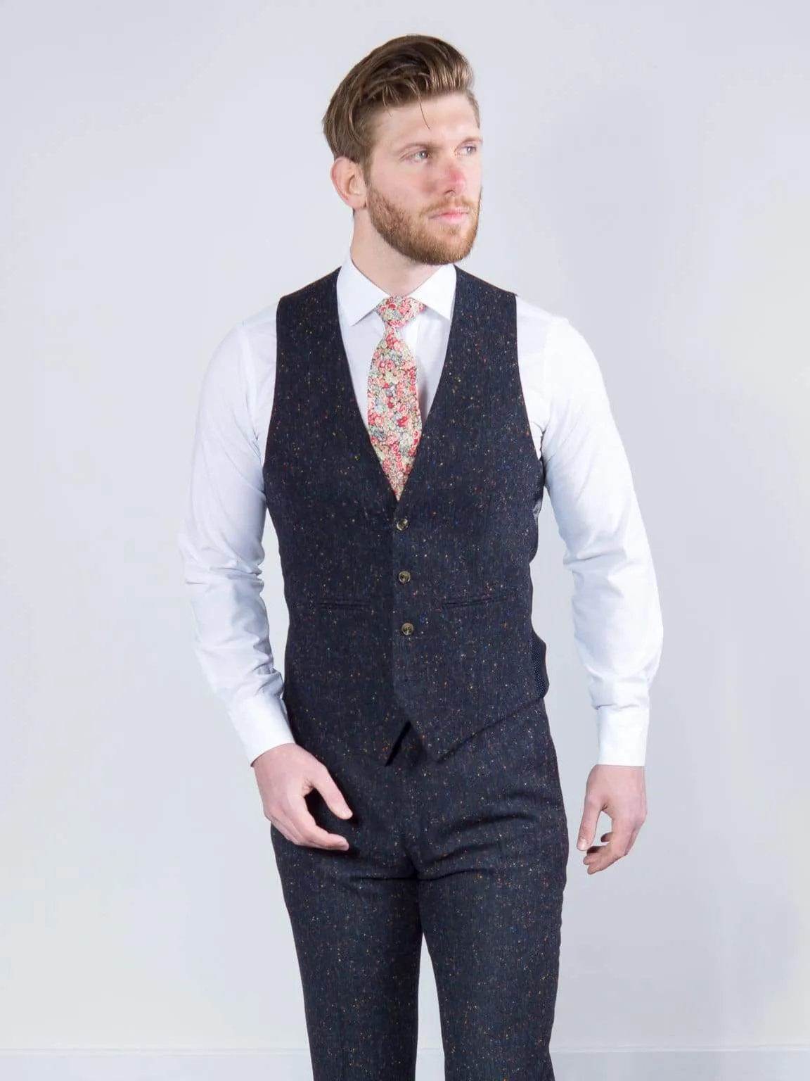 Torre Tweed Men's Navy 100% Wool Donegal Tweed Waistcoat
