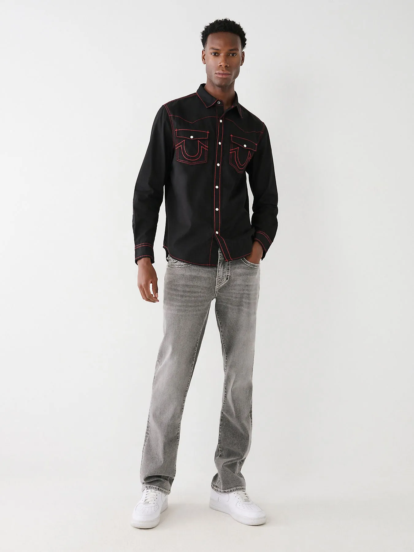 True Religion Men Black Solid Spread Collar Long Sleeves Shirt