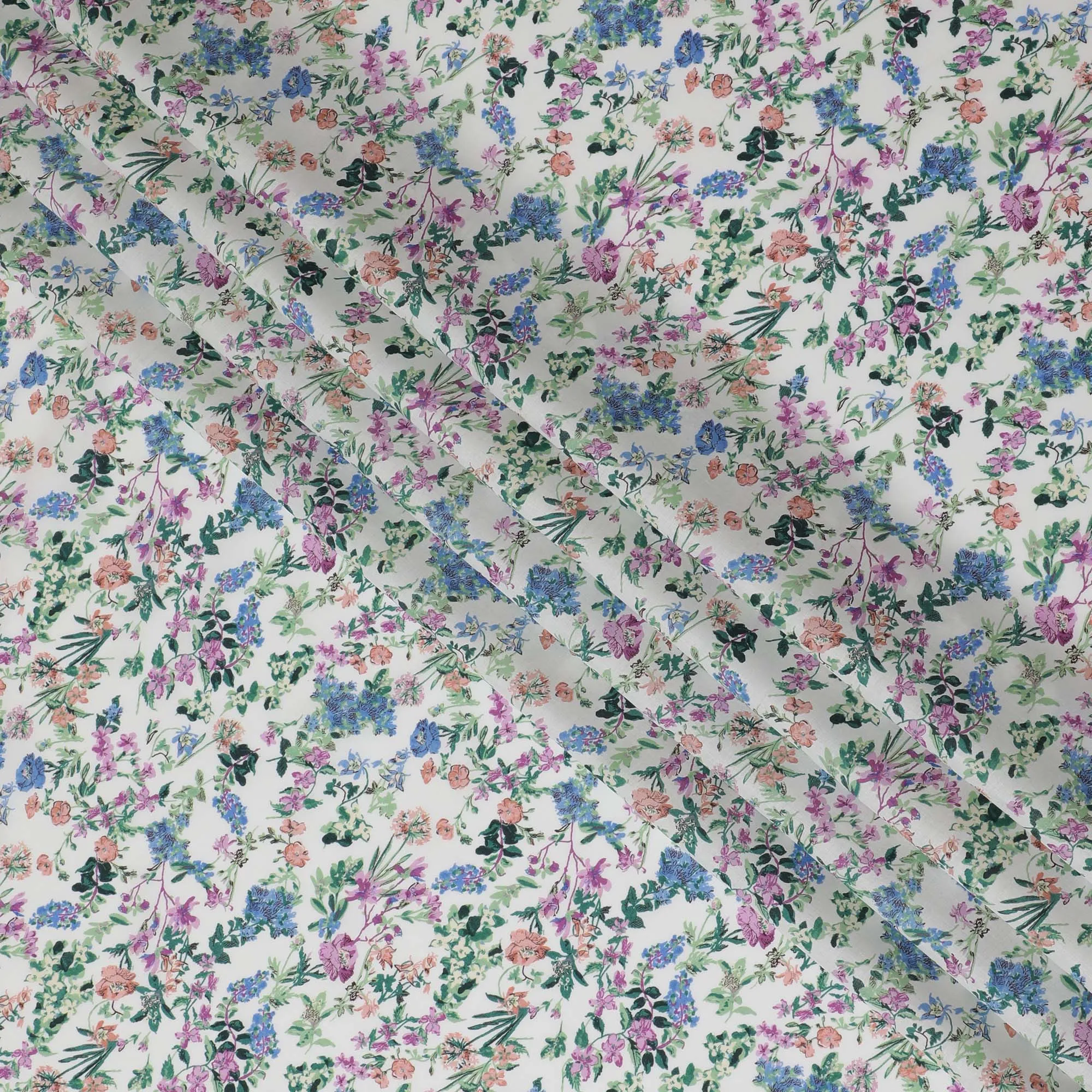 Vibrant White Floral Cotton Lawn Fabric with Blue and Pink Blossoms, 110 cm Wide, Japanese Design-D19564