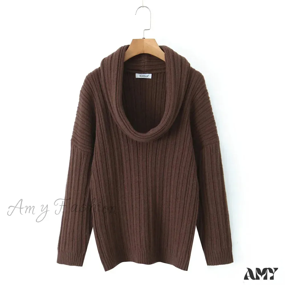 Winter Coffee Rib Knitting Ruched Slash Shoulder Pullover Women Full Sleeve Loose Thick Cozy Sweater