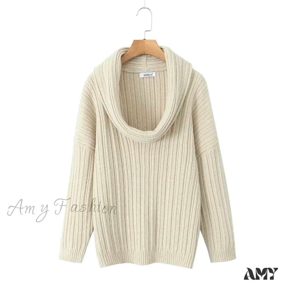 Winter Coffee Rib Knitting Ruched Slash Shoulder Pullover Women Full Sleeve Loose Thick Cozy Sweater