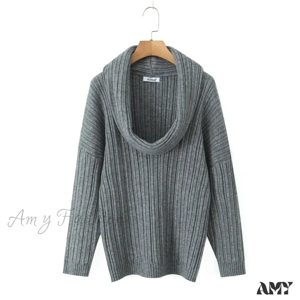 Winter Coffee Rib Knitting Ruched Slash Shoulder Pullover Women Full Sleeve Loose Thick Cozy Sweater