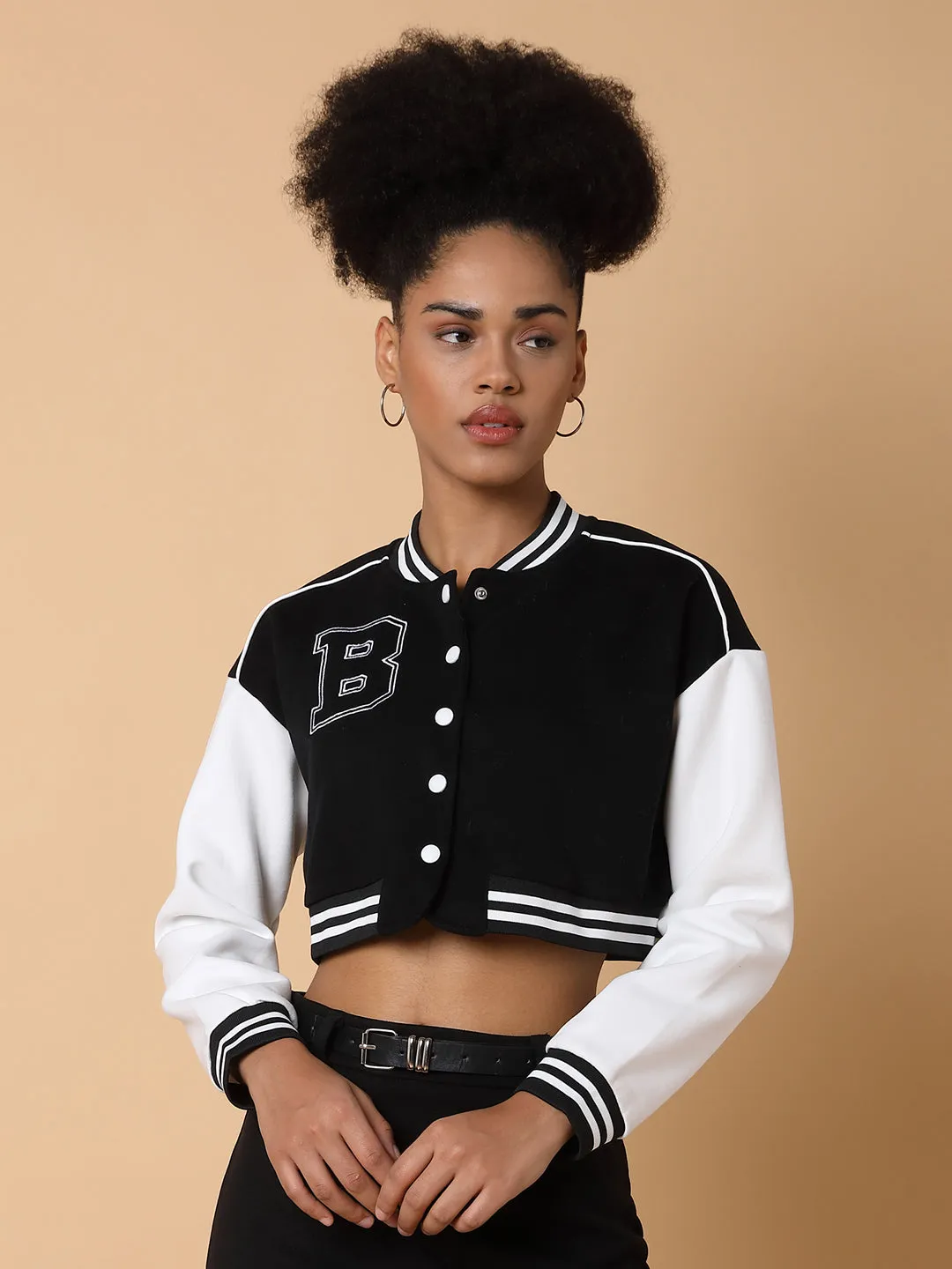 Women Black Camouflage Colour blocked Windcheater Crop Tailored Jacket with Patchwork