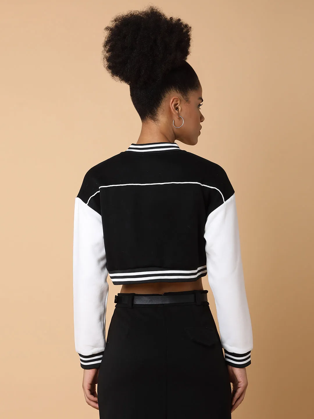 Women Black Camouflage Colour blocked Windcheater Crop Tailored Jacket with Patchwork