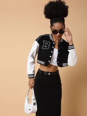 Women Black Camouflage Colour blocked Windcheater Crop Tailored Jacket with Patchwork