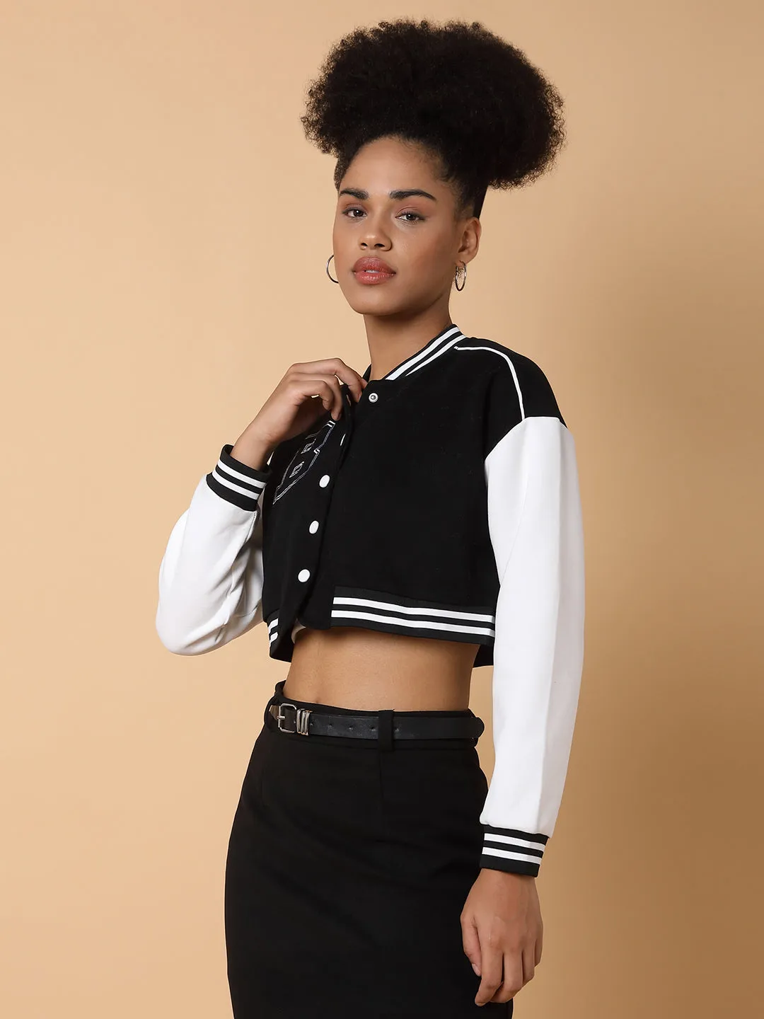 Women Black Camouflage Colour blocked Windcheater Crop Tailored Jacket with Patchwork