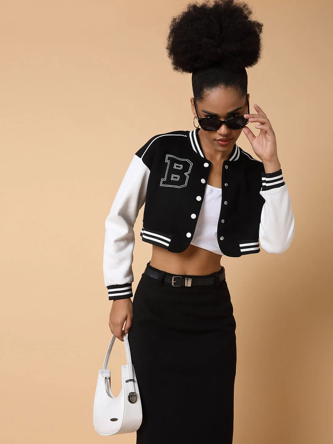 Women Black Camouflage Colour blocked Windcheater Crop Tailored Jacket with Patchwork