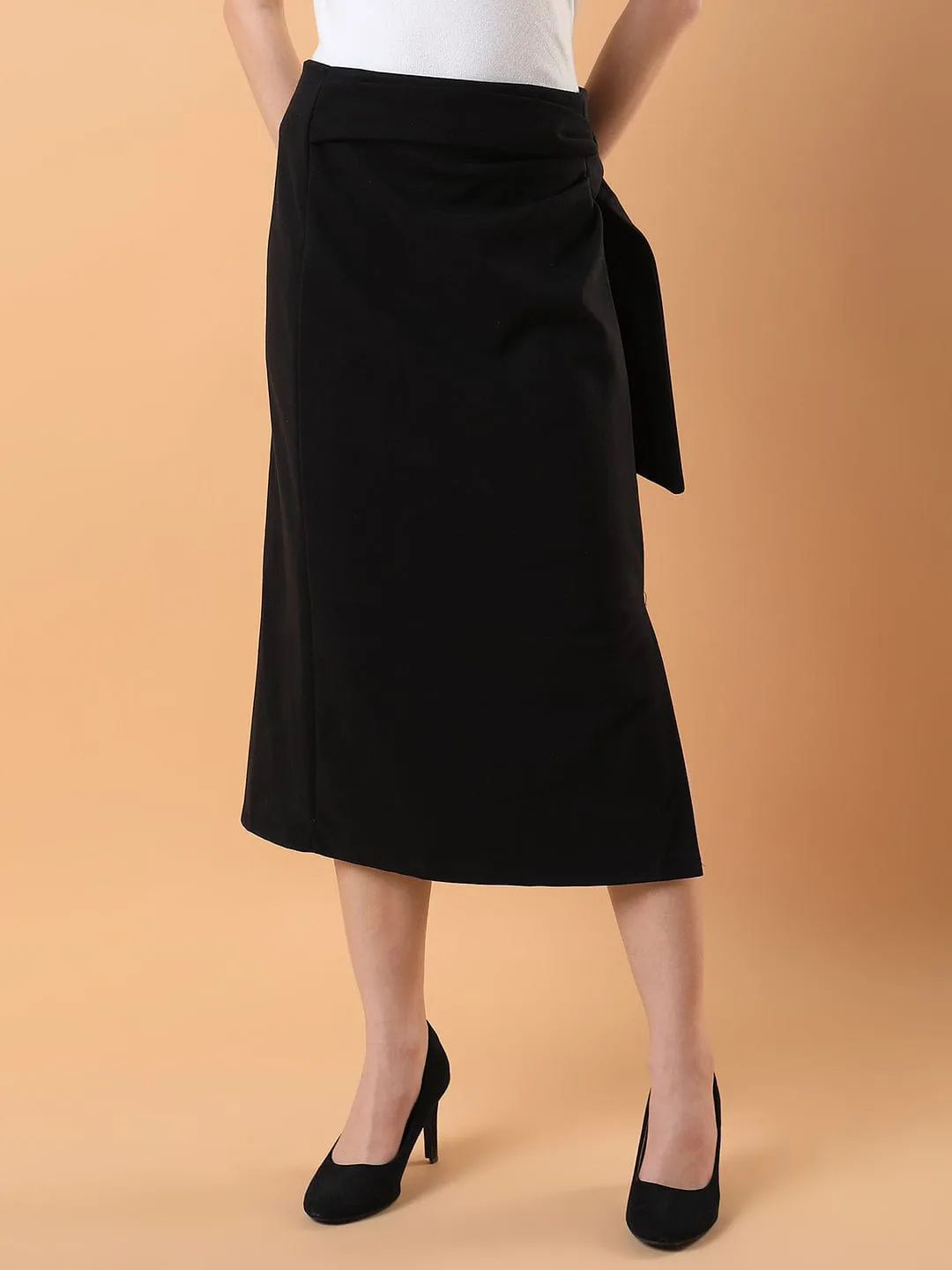 Women Black Straight Midi Skirts