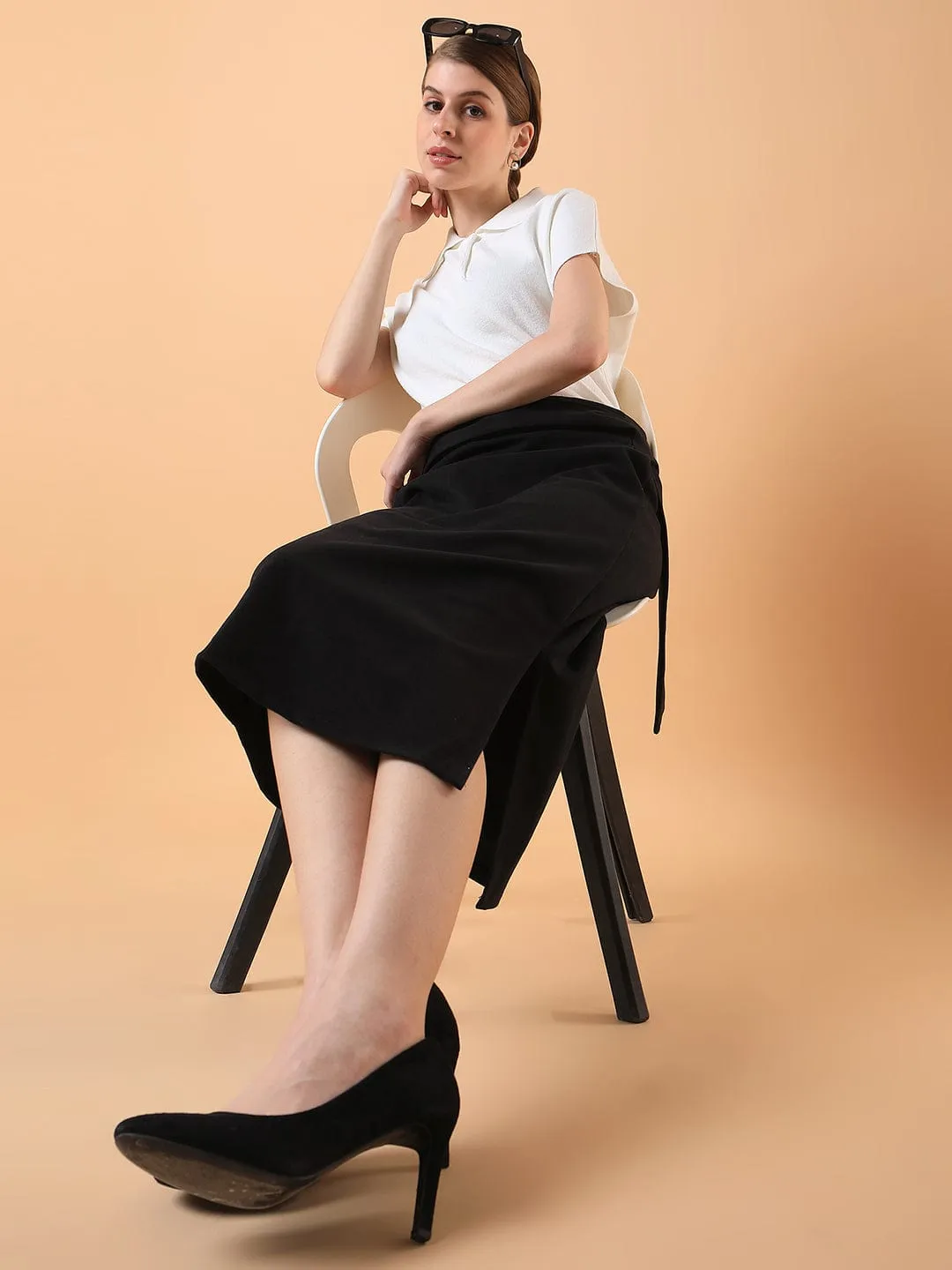 Women Black Straight Midi Skirts