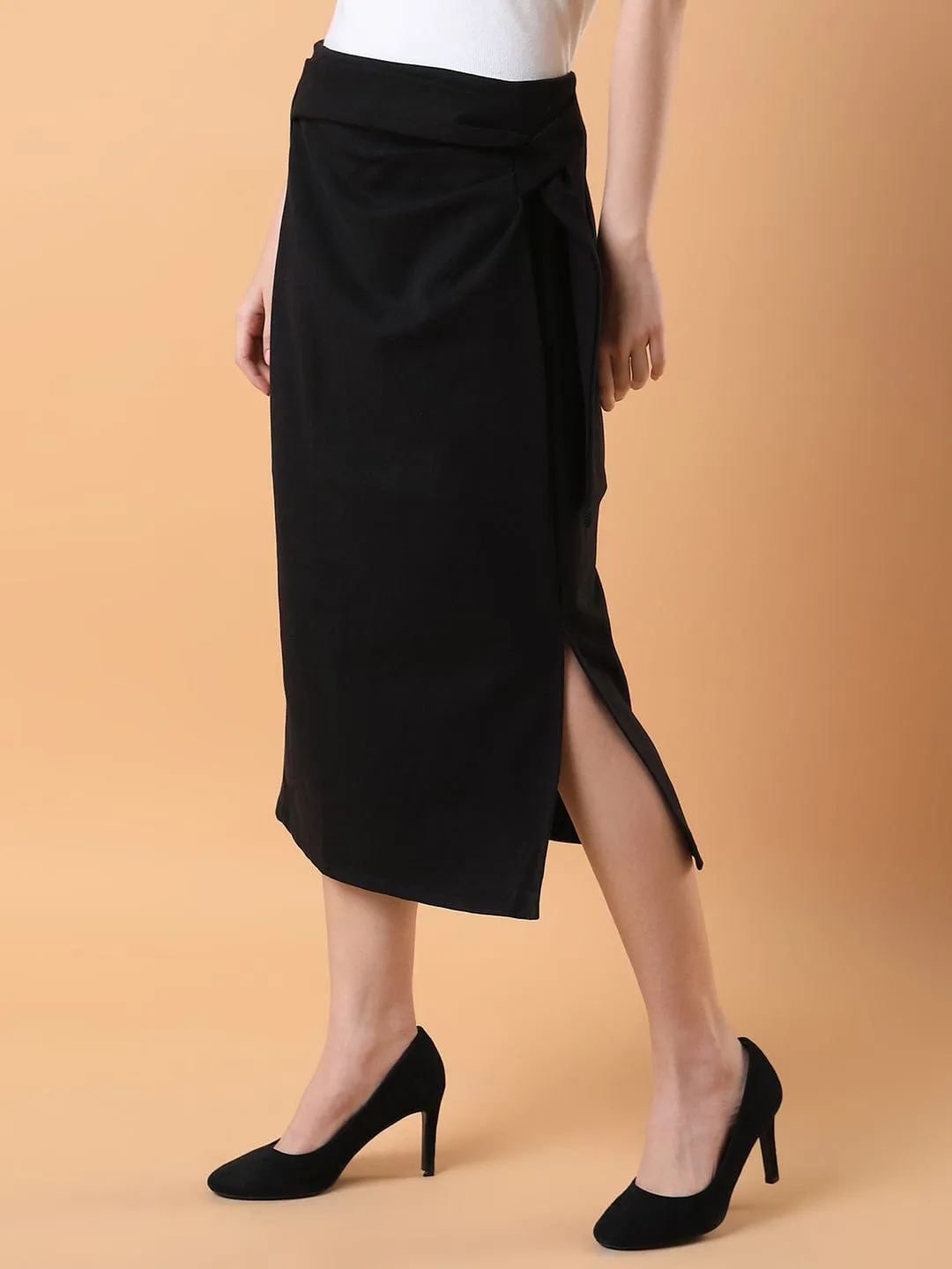 Women Black Straight Midi Skirts