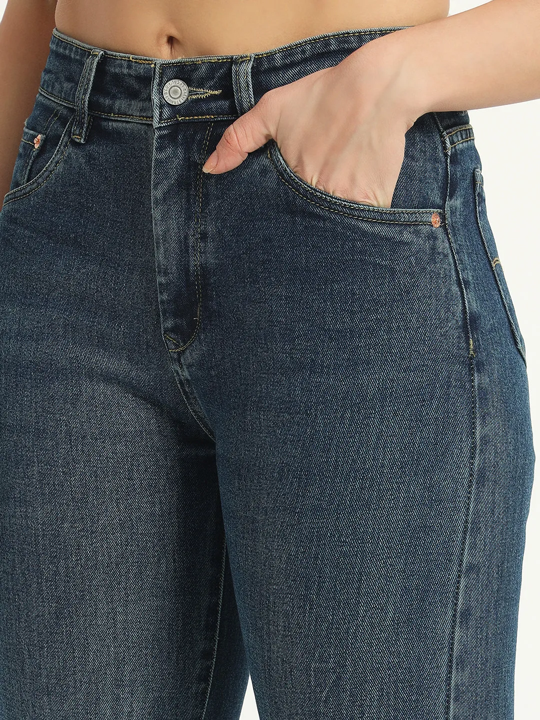 WOMEN DARK BLUE WIDE LEG HIGH-RISE STRETCHABLE JEANS