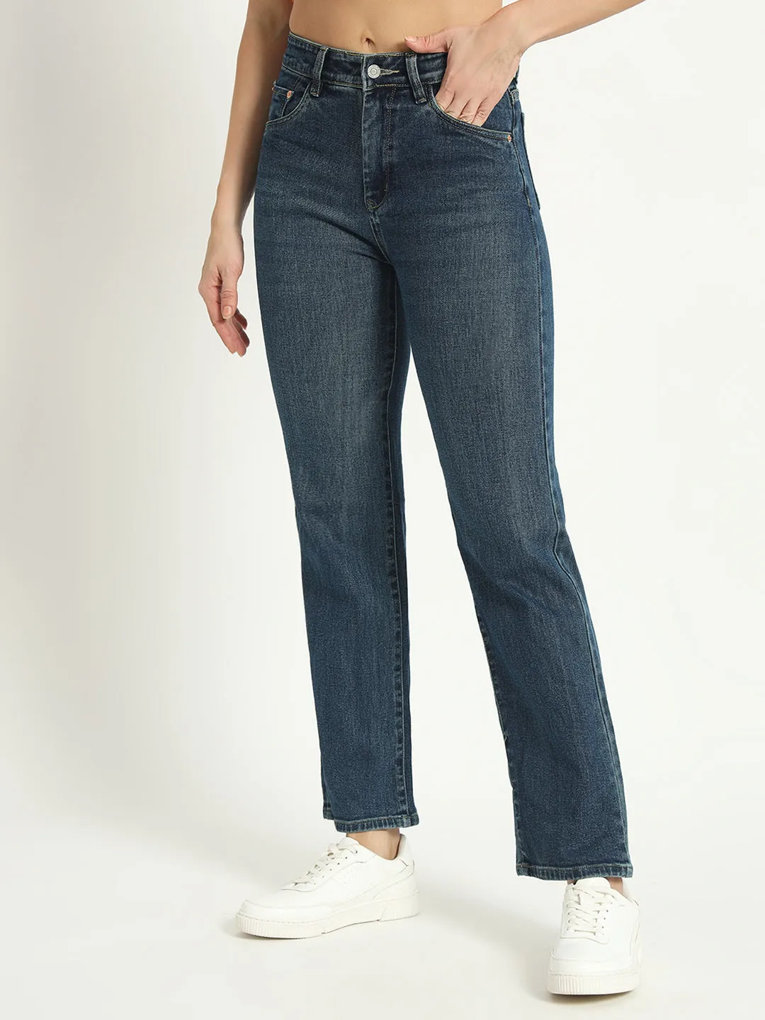 WOMEN DARK BLUE WIDE LEG HIGH-RISE STRETCHABLE JEANS