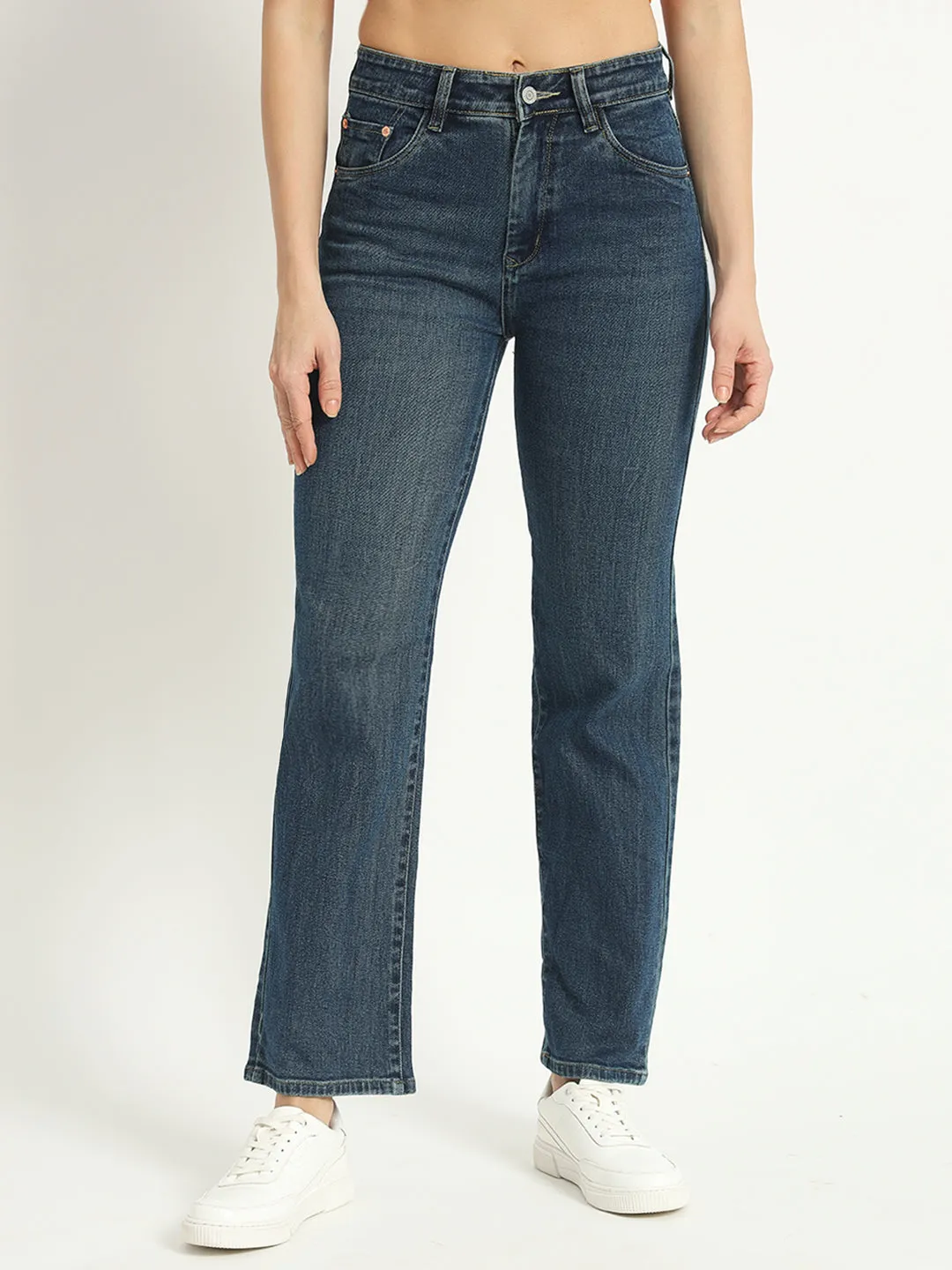 WOMEN DARK BLUE WIDE LEG HIGH-RISE STRETCHABLE JEANS