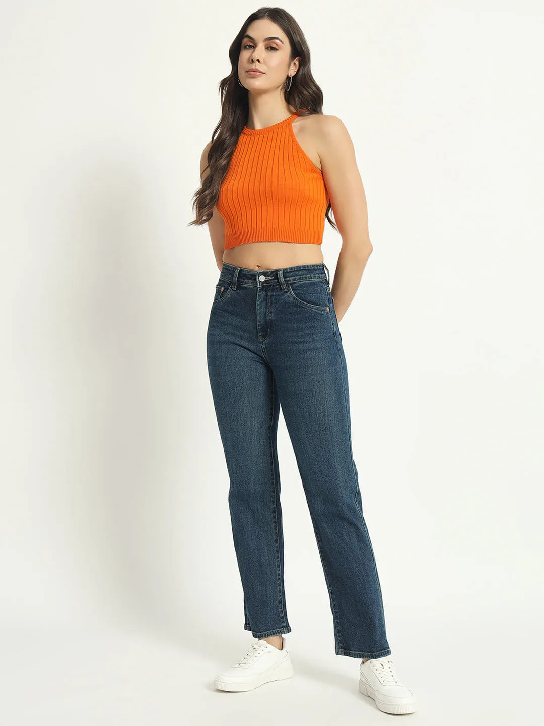 WOMEN DARK BLUE WIDE LEG HIGH-RISE STRETCHABLE JEANS