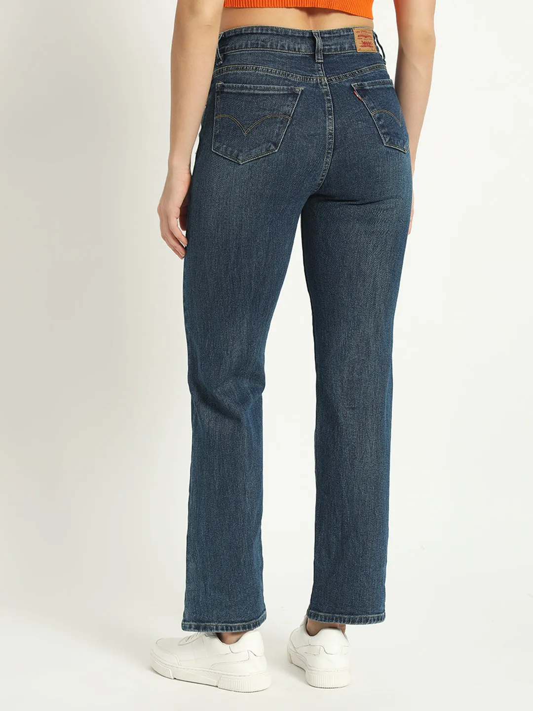 WOMEN DARK BLUE WIDE LEG HIGH-RISE STRETCHABLE JEANS