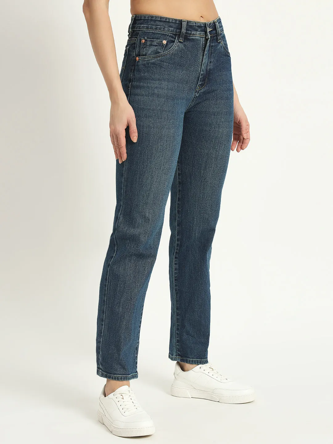 WOMEN DARK BLUE WIDE LEG HIGH-RISE STRETCHABLE JEANS
