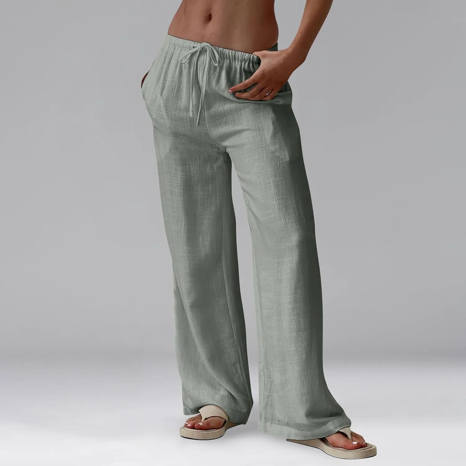 Women Linen Pants Summer Palazzo Pants Drawstring High Waist Trouser Pant Tummy Control Wide Leg Pant with Pockets