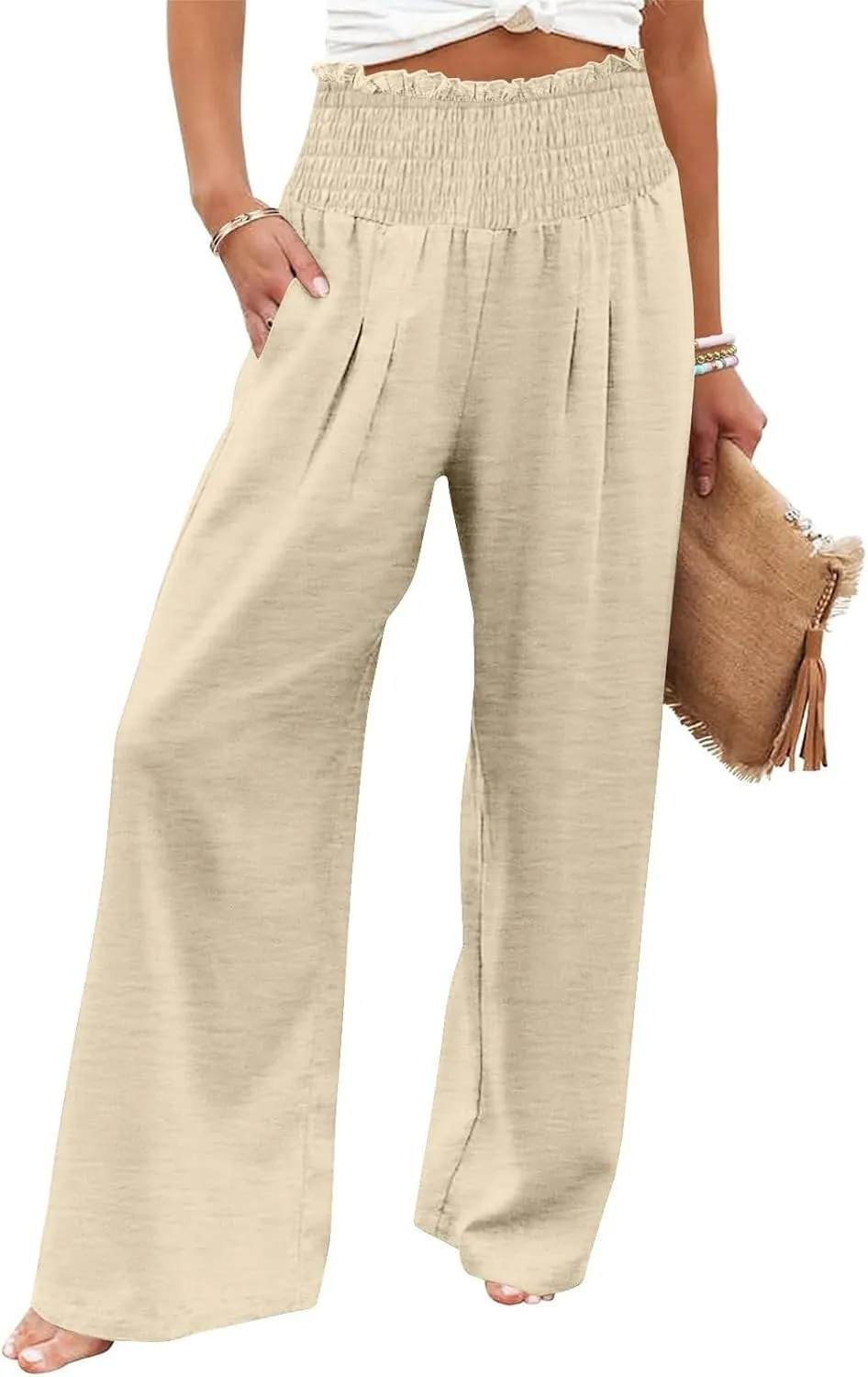Women's Cotton Linen Palazzo Pants Summer Comfy Elastic High Waisted Wide Leg Trousers Loose Beach Vacation Slacks