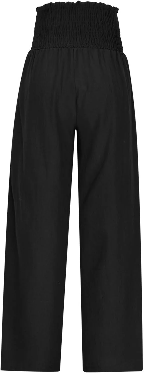 Women's Cotton Linen Palazzo Pants Summer Comfy Elastic High Waisted Wide Leg Trousers Loose Beach Vacation Slacks