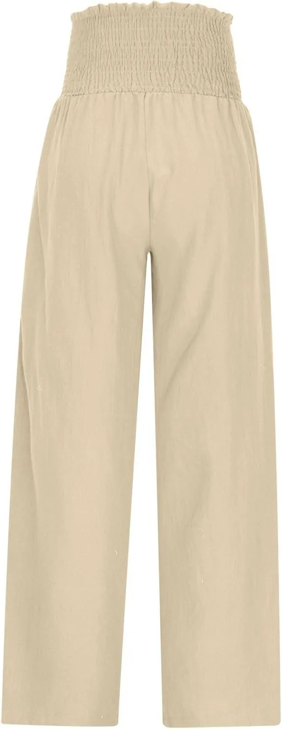 Women's Cotton Linen Palazzo Pants Summer Comfy Elastic High Waisted Wide Leg Trousers Loose Beach Vacation Slacks