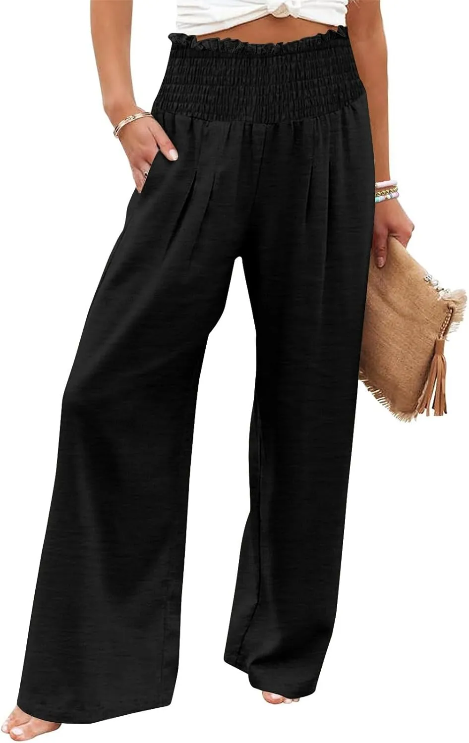 Women's Cotton Linen Palazzo Pants Summer Comfy Elastic High Waisted Wide Leg Trousers Loose Beach Vacation Slacks