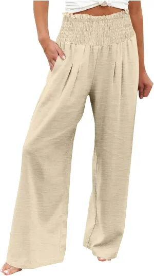 Women's Cotton Linen Palazzo Pants Summer Comfy Elastic High Waisted Wide Leg Trousers Loose Beach Vacation Slacks