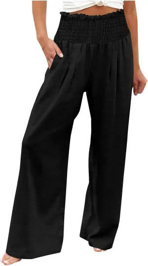 Women's Cotton Linen Palazzo Pants Summer Comfy Elastic High Waisted Wide Leg Trousers Loose Beach Vacation Slacks