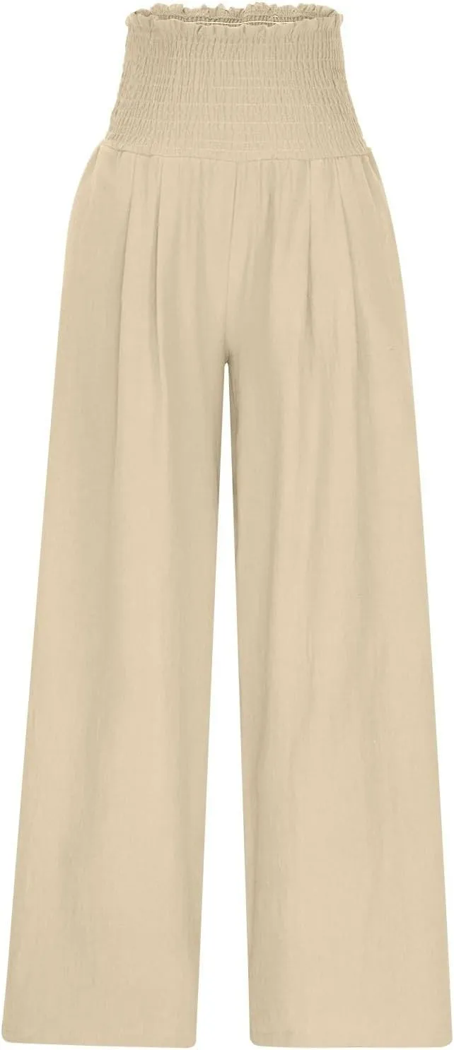 Women's Cotton Linen Palazzo Pants Summer Comfy Elastic High Waisted Wide Leg Trousers Loose Beach Vacation Slacks