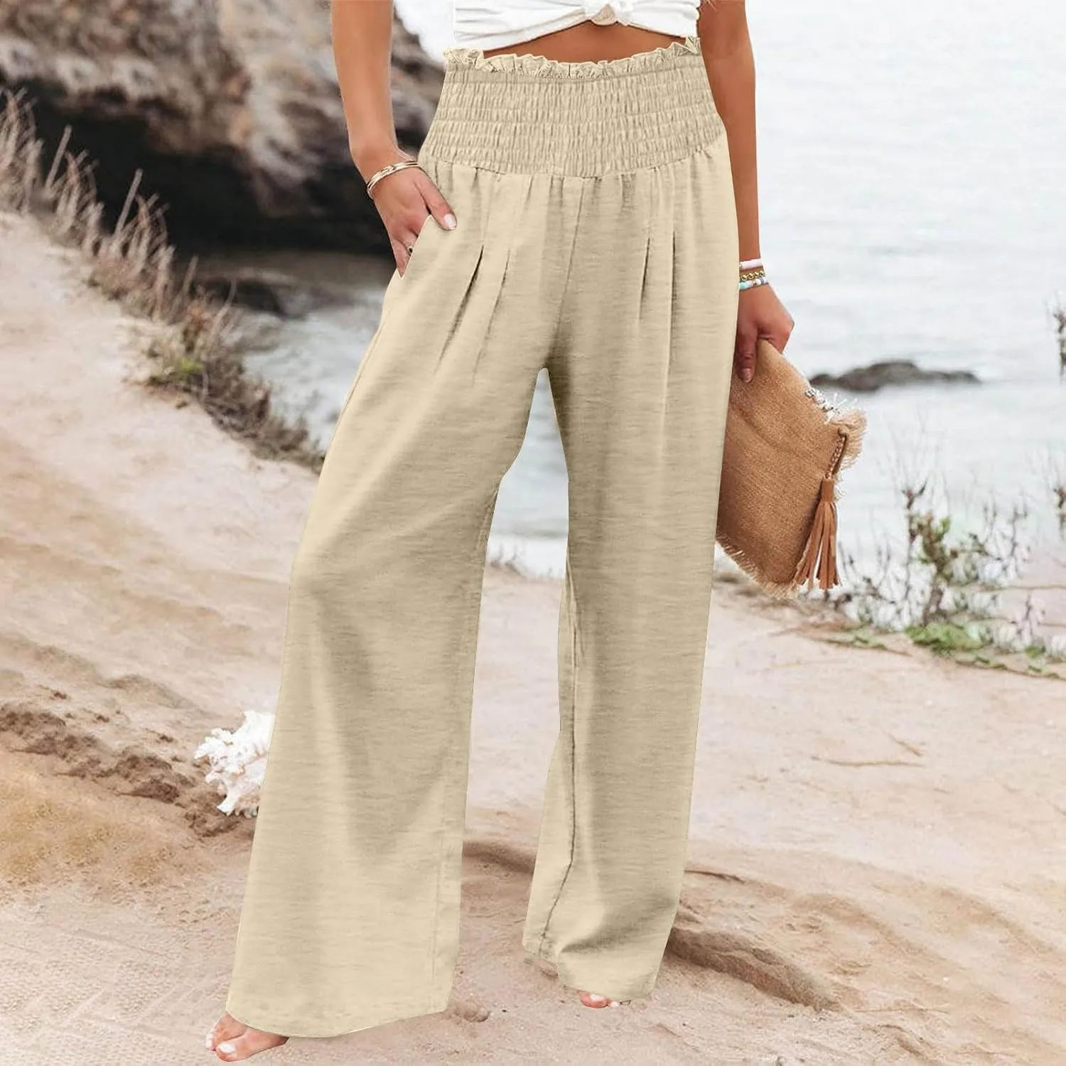Women's Cotton Linen Palazzo Pants Summer Comfy Elastic High Waisted Wide Leg Trousers Loose Beach Vacation Slacks