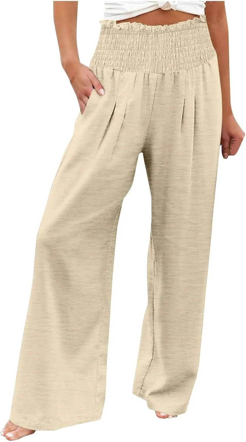 Women's Cotton Linen Palazzo Pants Summer Comfy Elastic High Waisted Wide Leg Trousers Loose Beach Vacation Slacks