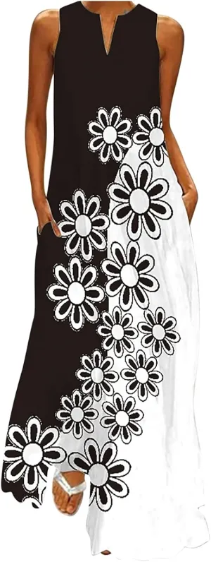 Women's Fashion Maxi Dresses Floral Boho Summer Dress Printed V Neck Sleeveless Casual Sundress with Pockets