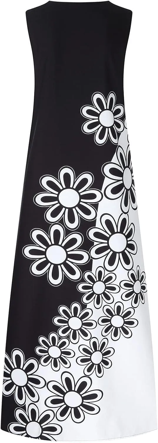 Women's Fashion Maxi Dresses Floral Boho Summer Dress Printed V Neck Sleeveless Casual Sundress with Pockets