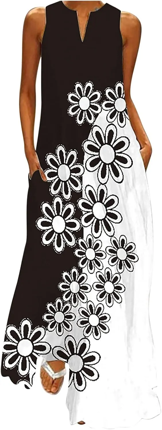 Women's Fashion Maxi Dresses Floral Boho Summer Dress Printed V Neck Sleeveless Casual Sundress with Pockets