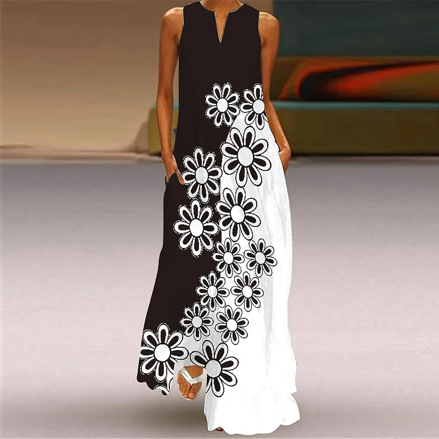 Women's Fashion Maxi Dresses Floral Boho Summer Dress Printed V Neck Sleeveless Casual Sundress with Pockets
