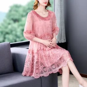 Women's Silk Embroidered Dress 2022 Summer New Large Size Loose Tight Printed Swing Skirt High End Elegant Party Skirt Vestidos