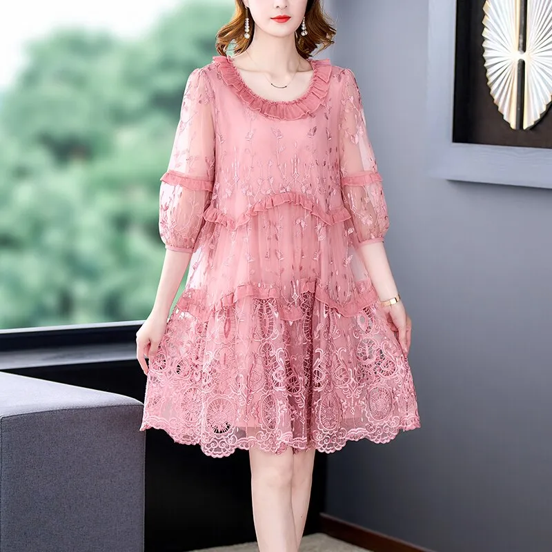 Women's Silk Embroidered Dress 2022 Summer New Large Size Loose Tight Printed Swing Skirt High End Elegant Party Skirt Vestidos