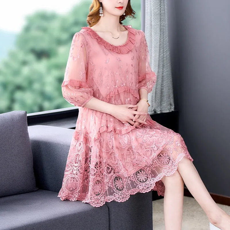 Women's Silk Embroidered Dress 2022 Summer New Large Size Loose Tight Printed Swing Skirt High End Elegant Party Skirt Vestidos
